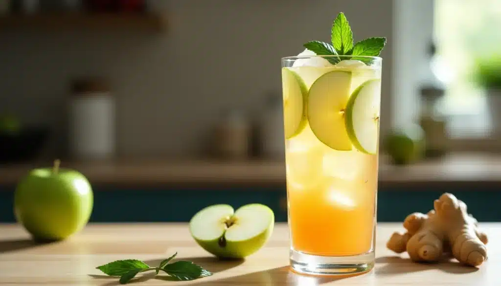 Cocktail glacé pomme, gingembre, menthe fraîche.