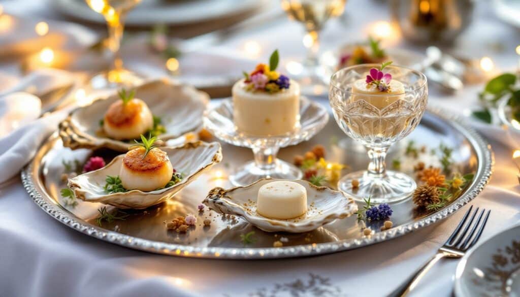Plateau apéritif gastronomique avec lumière douce.