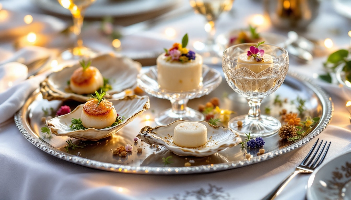 Plateau apéritif gastronomique avec lumière douce.