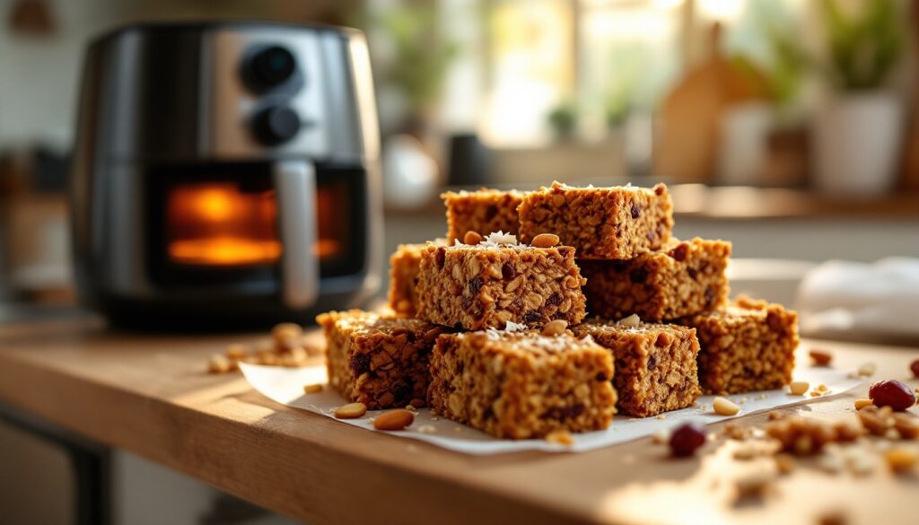 Barres granola maison près d'une friteuse.