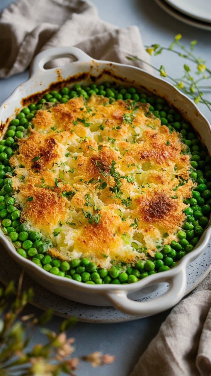 Gratin de purée avec petits pois.