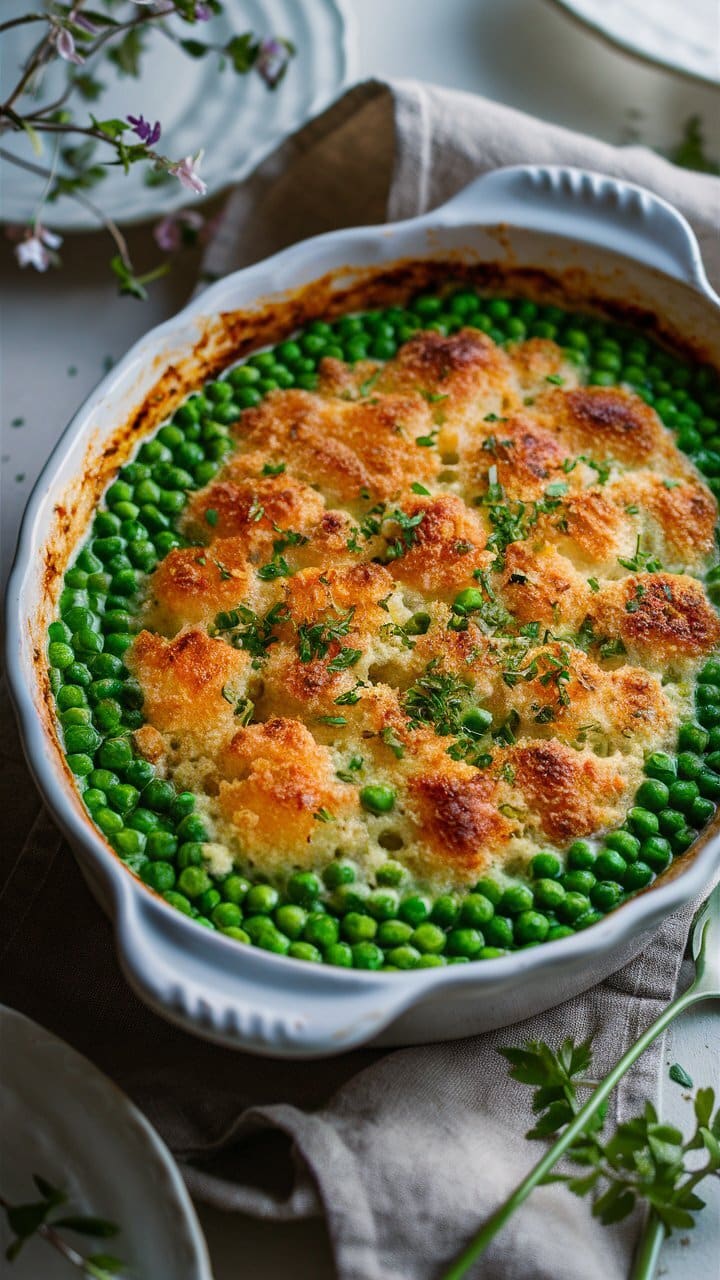 Gratin aux petits pois doré au four.