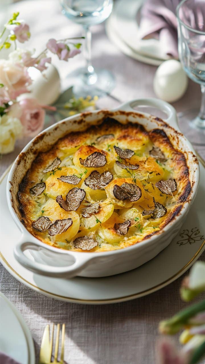 Gratin de pommes de terre aux truffes en plat.