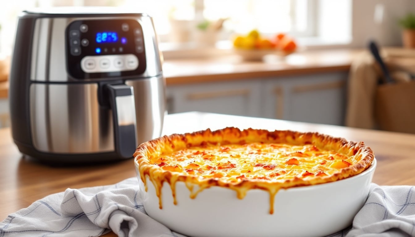 Quiche dorée à côté d'une friteuse à air.