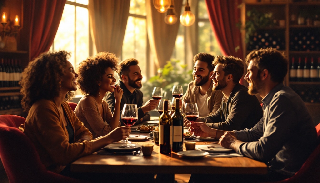 Amis dégustant du vin dans un restaurant cozy.