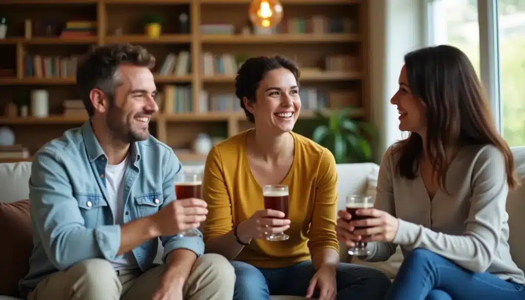 Amis souriants buvant sur un canapé