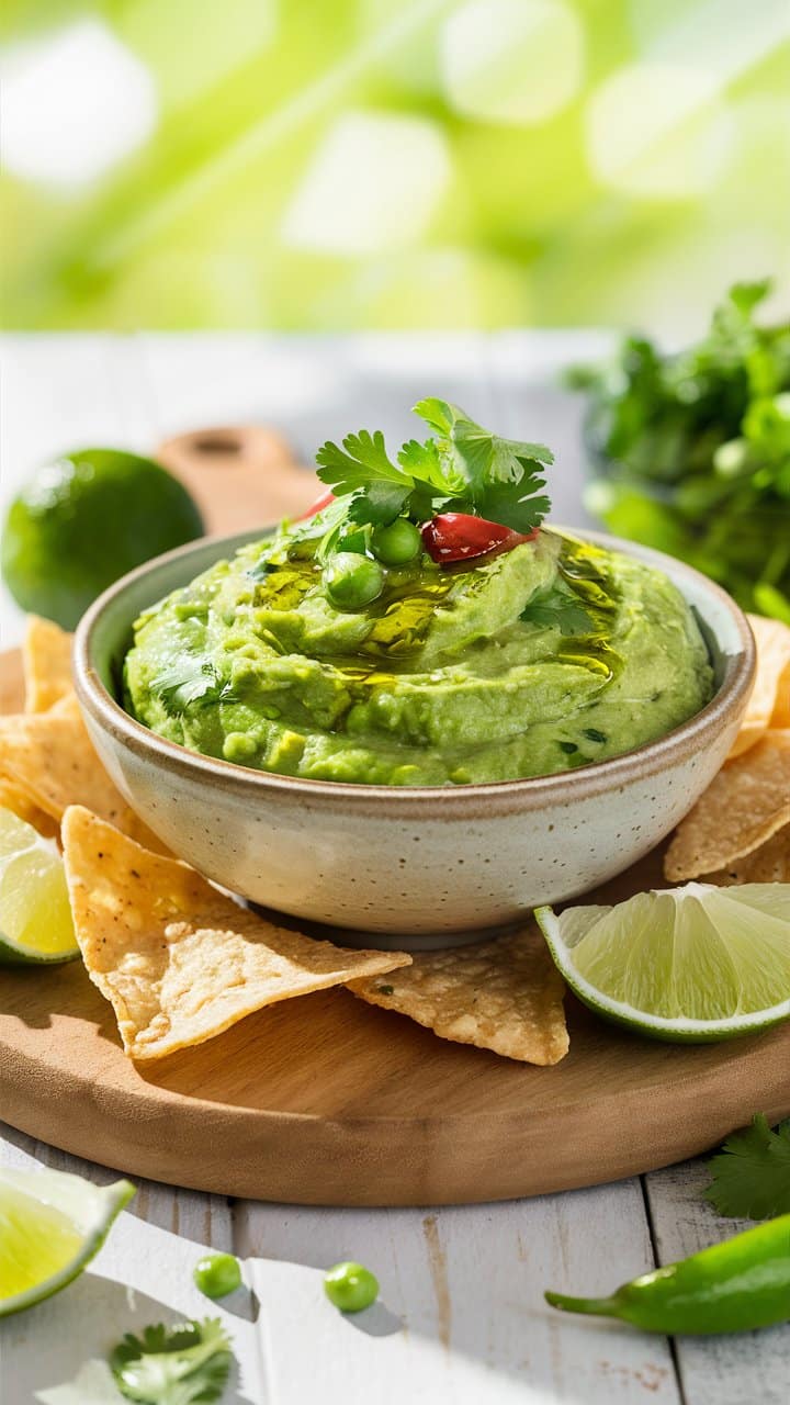 Bol de guacamole avec chips et citron vert.