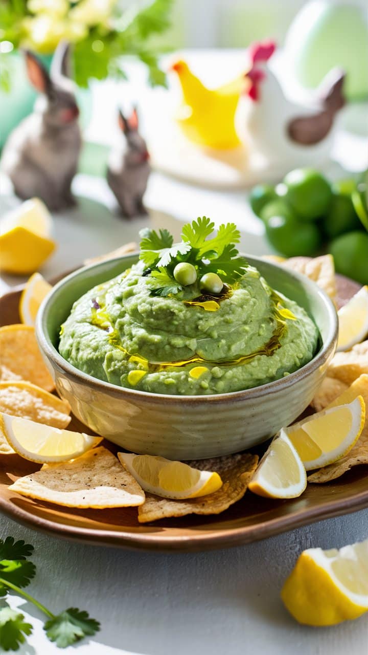 Bol de guacamole entouré de chips et citrons.