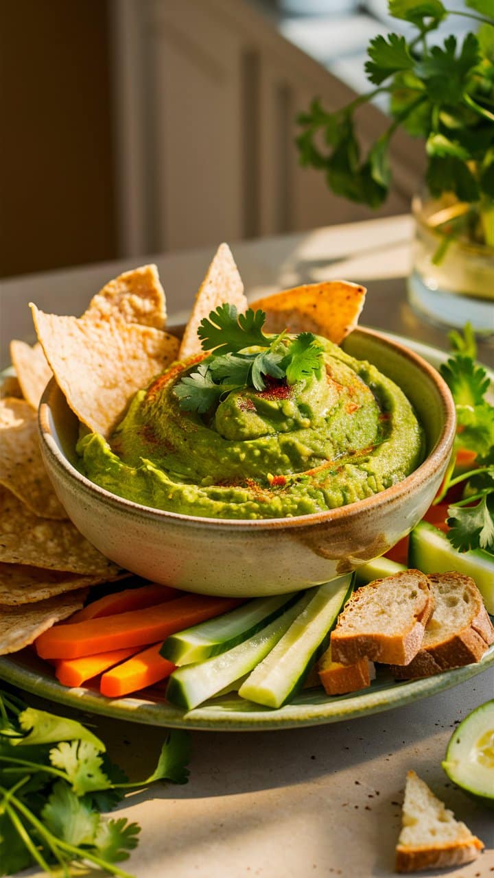Bol de houmous avec légumes et chips tortilla.