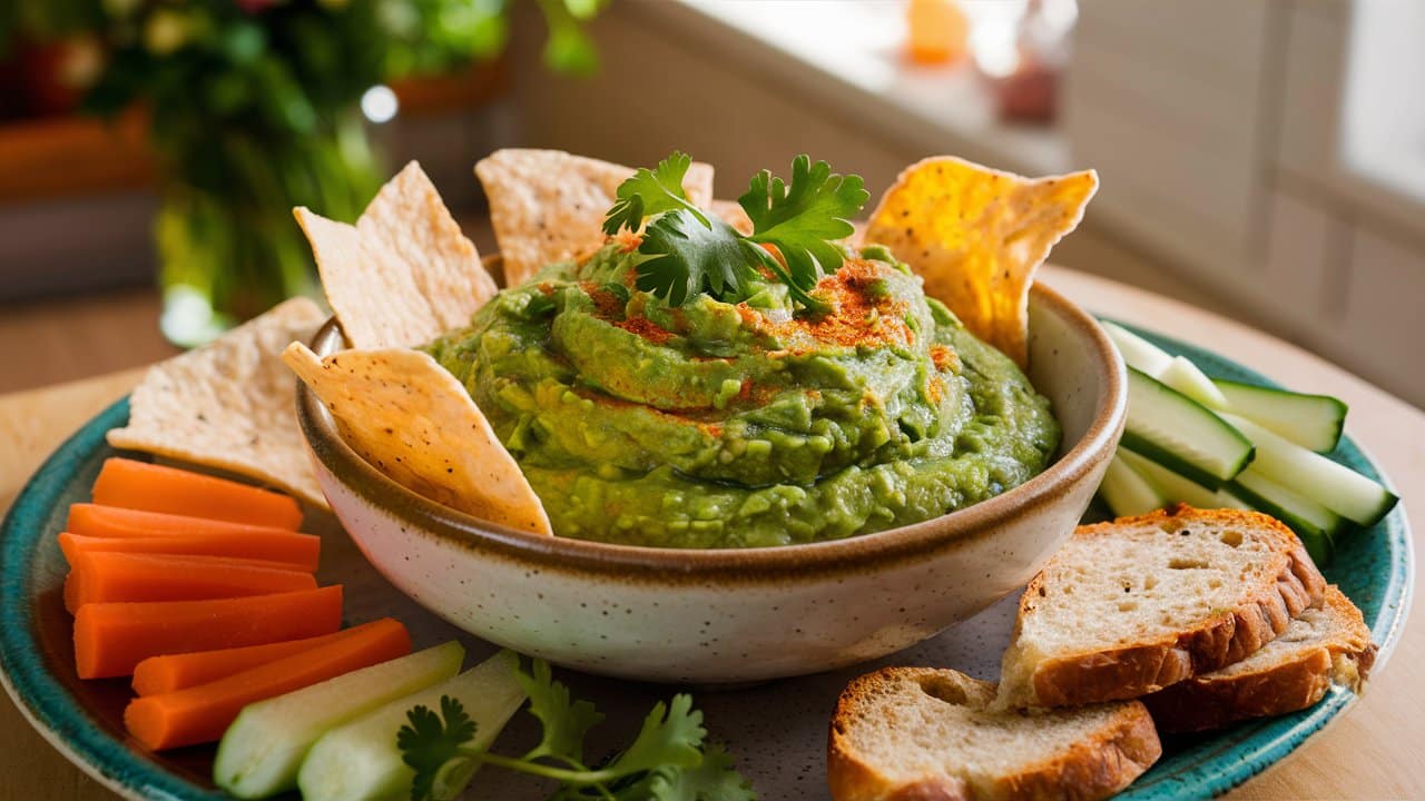 Bol de guacamole avec chips et légumes frais
