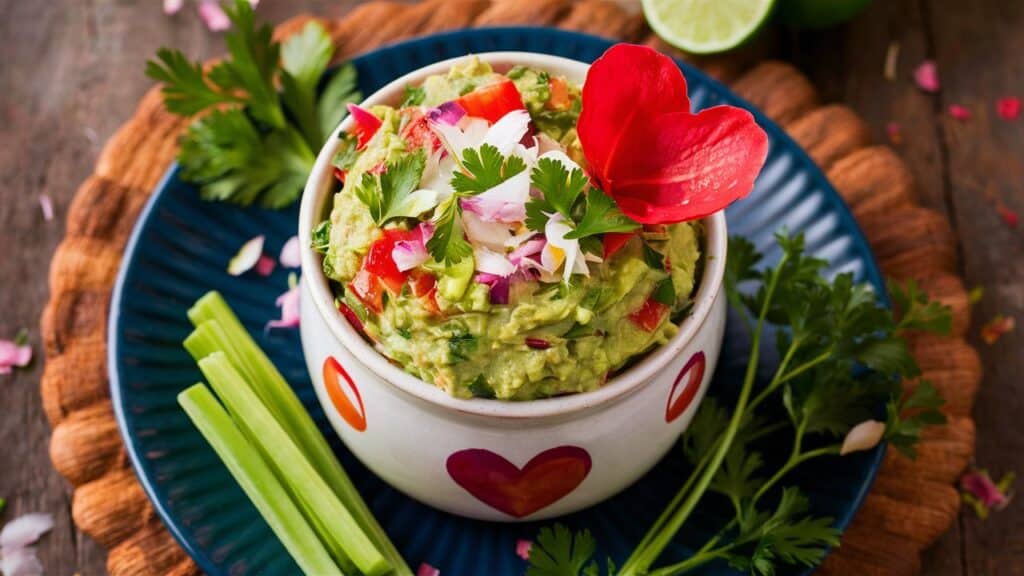 Guacamole décoré avec des fleurs et des herbes.