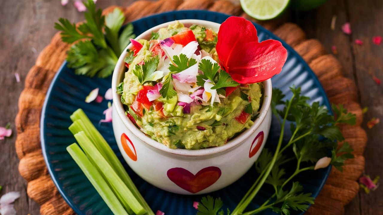 Guacamole décoré avec des fleurs et des herbes.