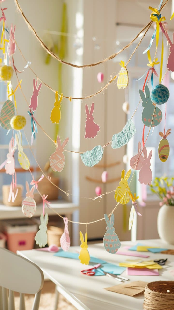 Décorations de Pâques avec lapins colorés suspendus.