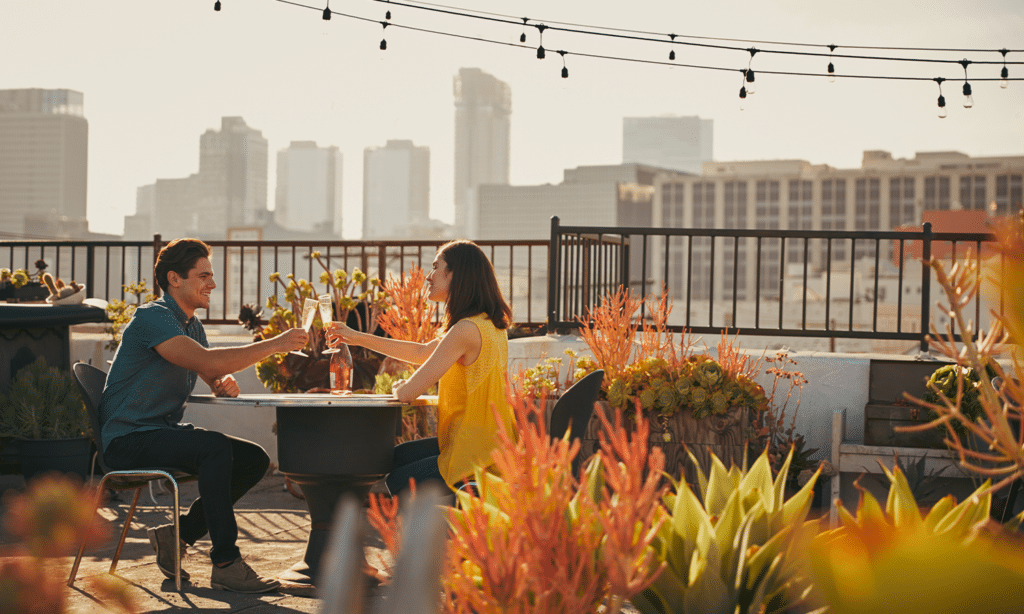 Couple trinquant sur un rooftop urbain au coucher du soleil.