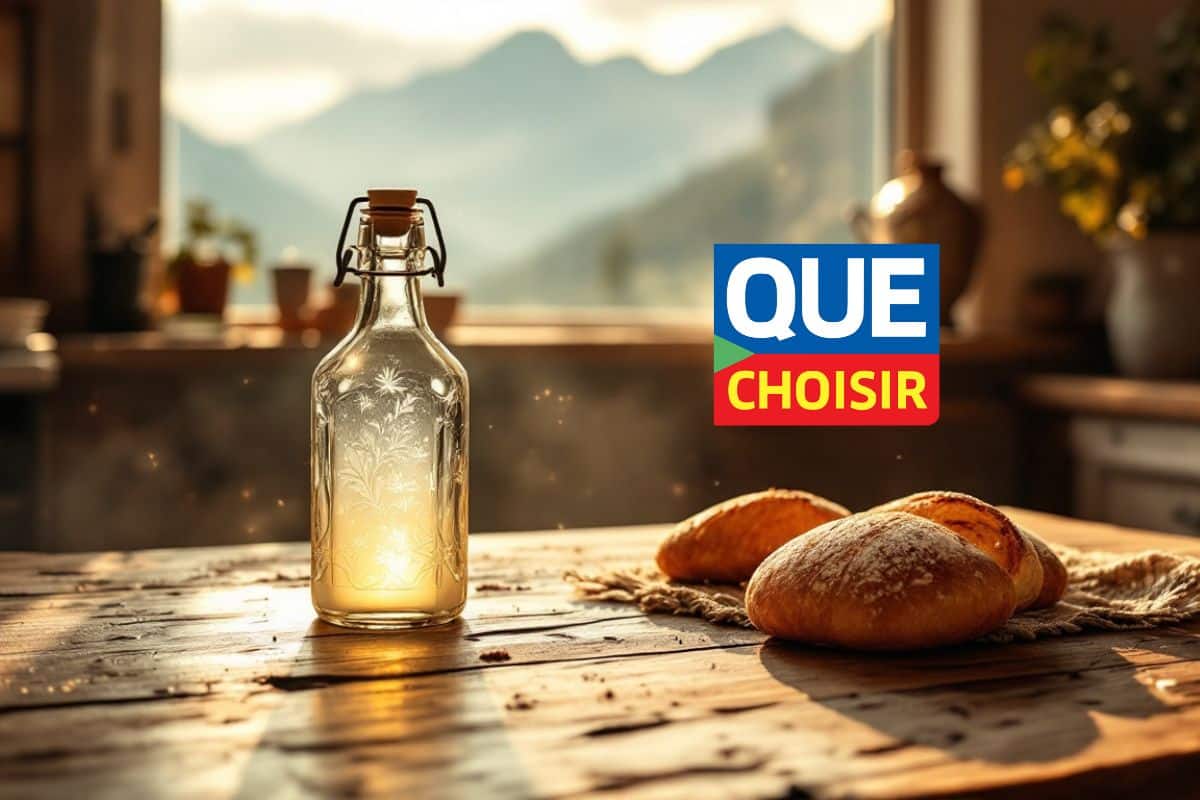 Bouteille de verre et pains sur table en bois.