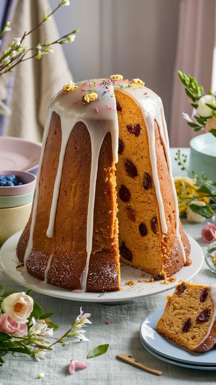 Gâteau glacé aux fruits secs découpé.