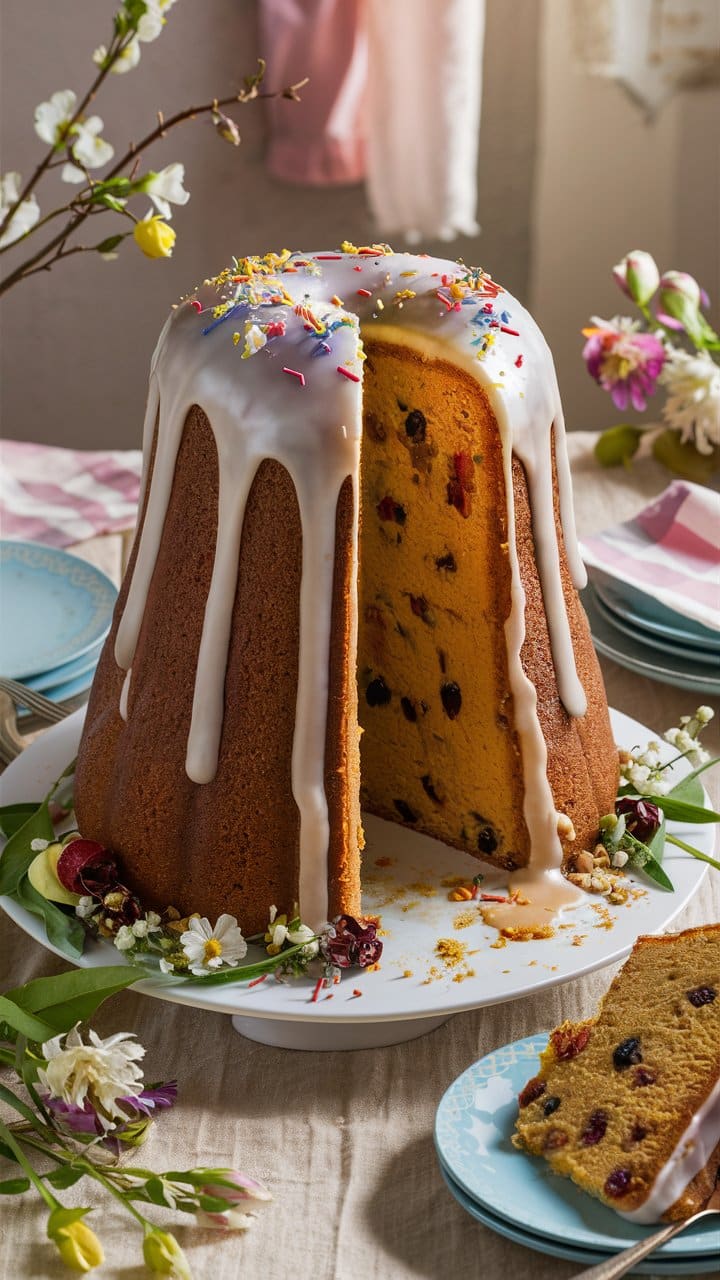 Gâteau glacé aux fruits sur une table fleurie.