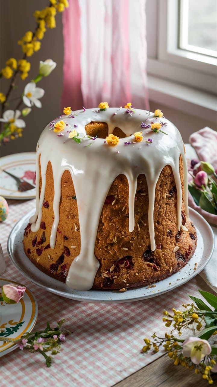 Gâteau couronné de glaçage blanc et fleurs décoratives.
