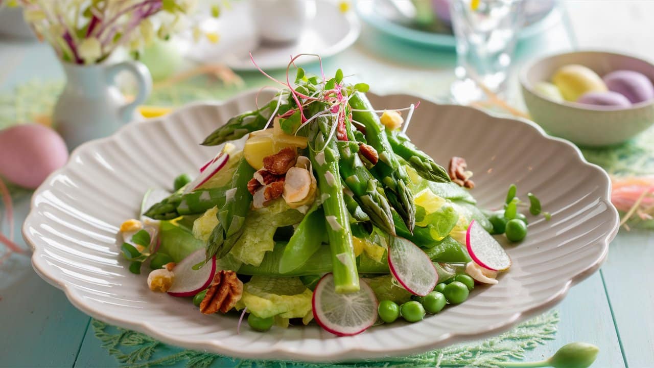 Salade de légumes verts frais sur plat élégant.