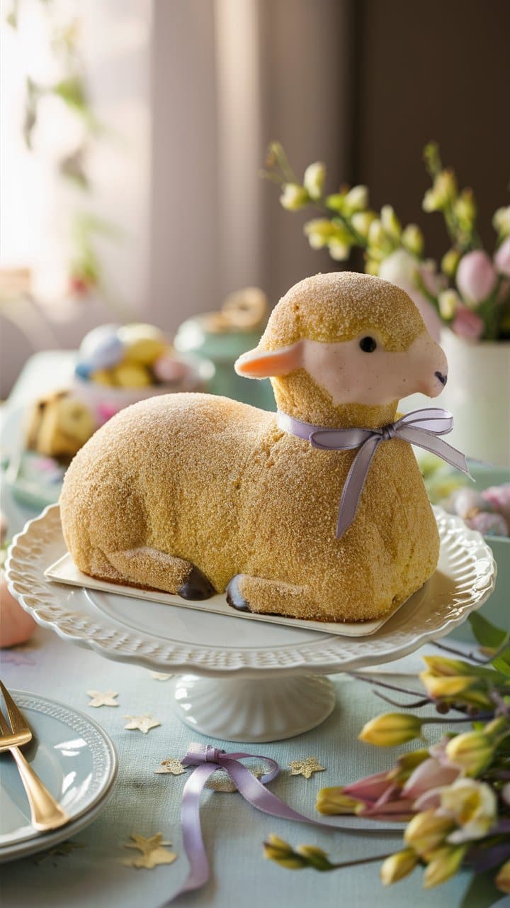 Gâteau en forme d'agneau sur une assiette.