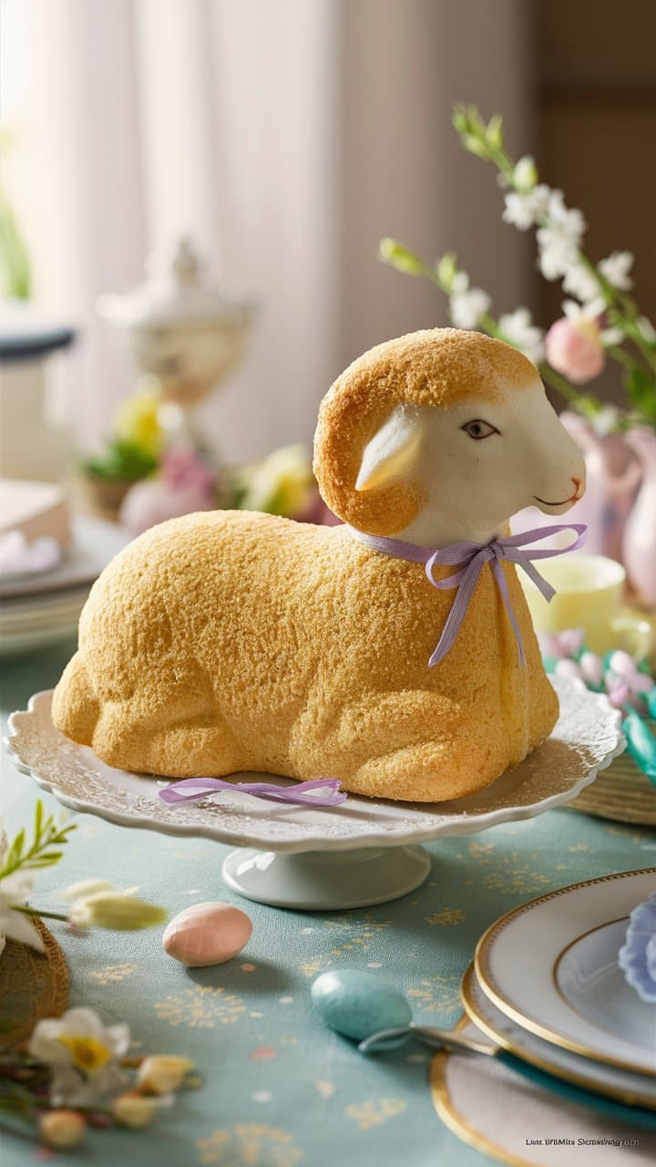 Gâteau en forme d'agneau sur table décorative.