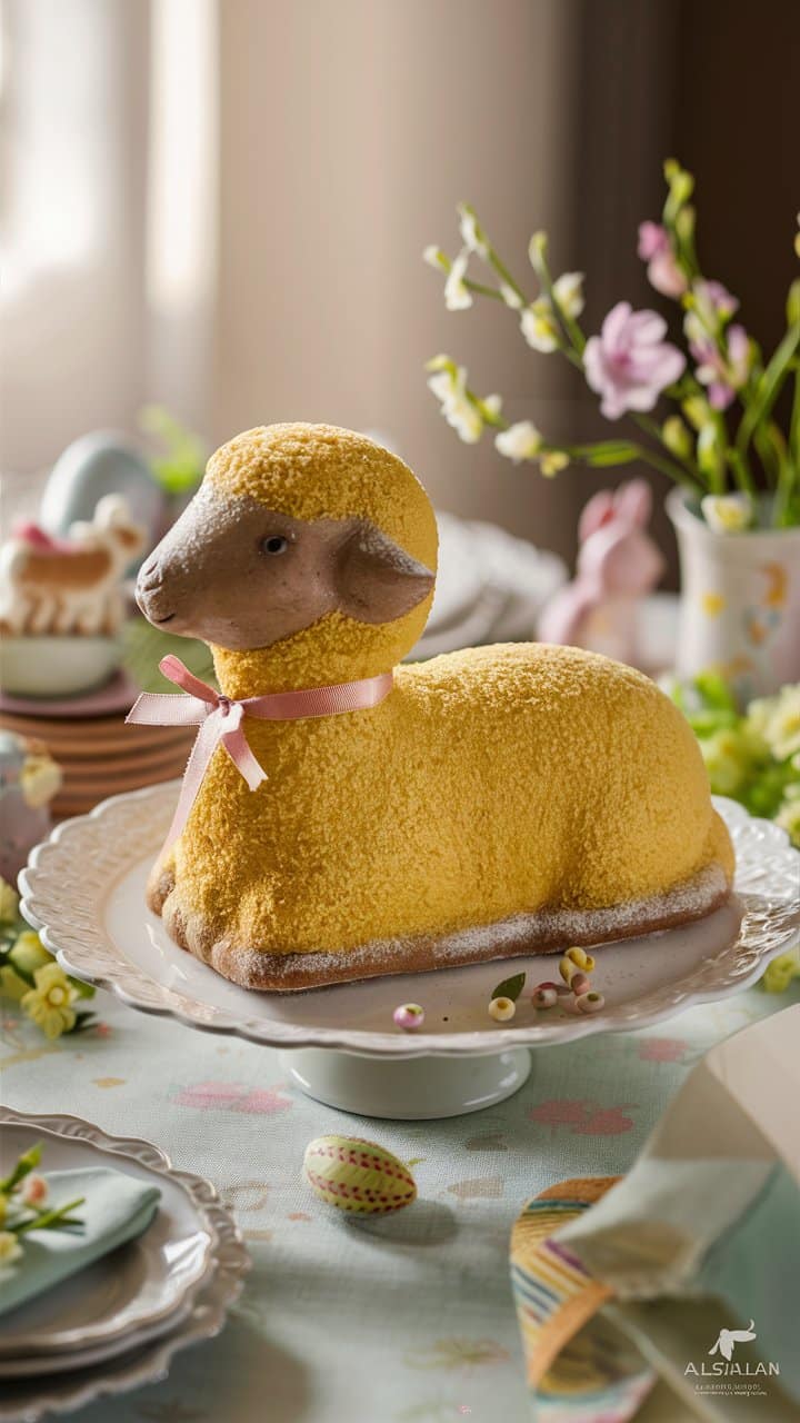 Gâteau en forme d'agneau sur table de Pâques.