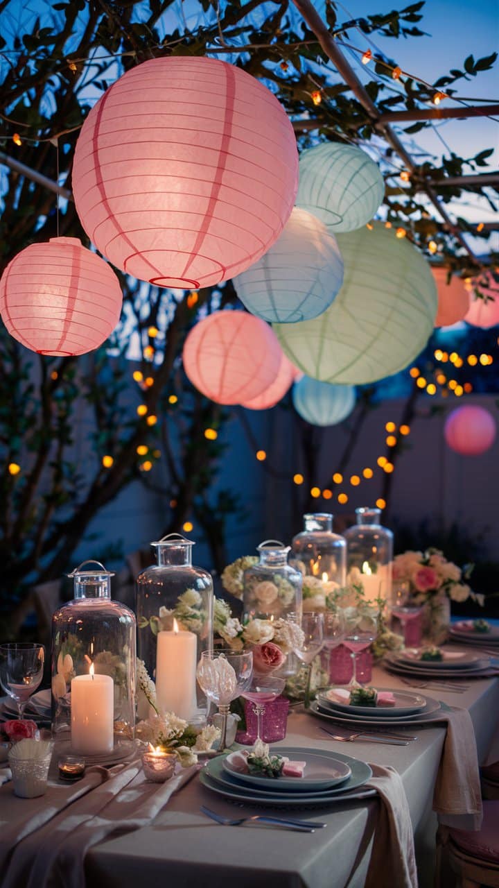 Table décorée avec lanternes et bougies.