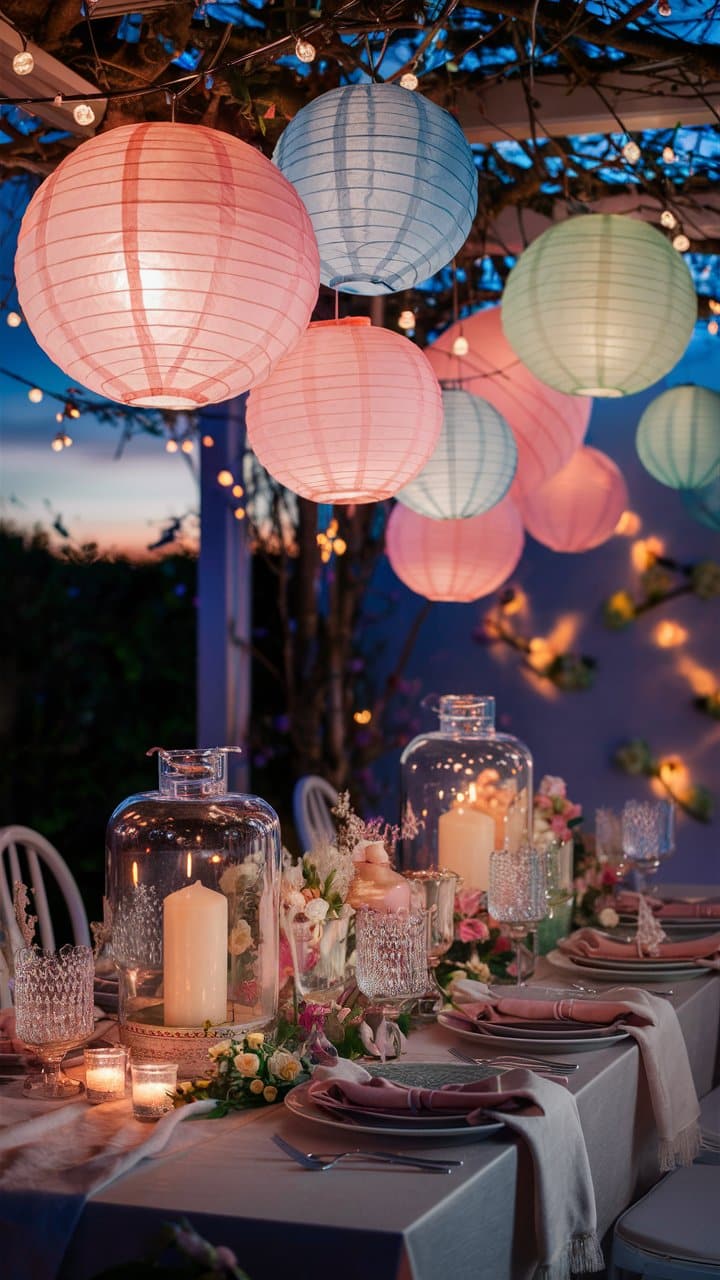 Décoration de table avec lanternes colorées et bougies.