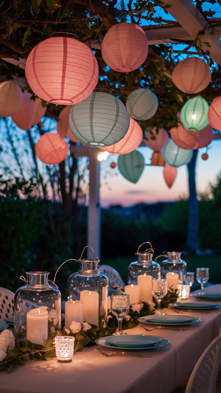 Table décorée avec lanternes colorées et bougies blanc.