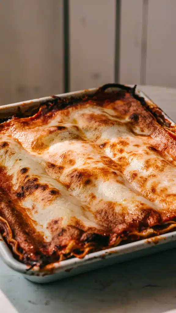 Plat de lasagnes dorées au four.