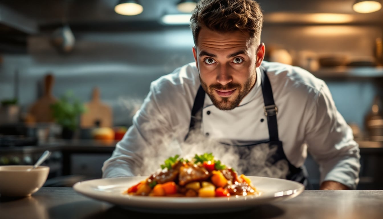 Chef cuisinier présentant un plat fumant.