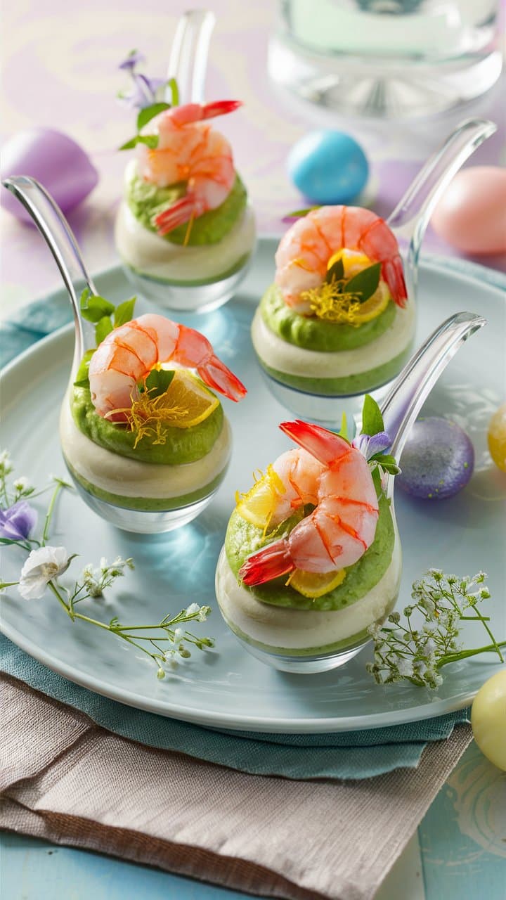 Verrines avocat-crevettes sur plateau pastel.