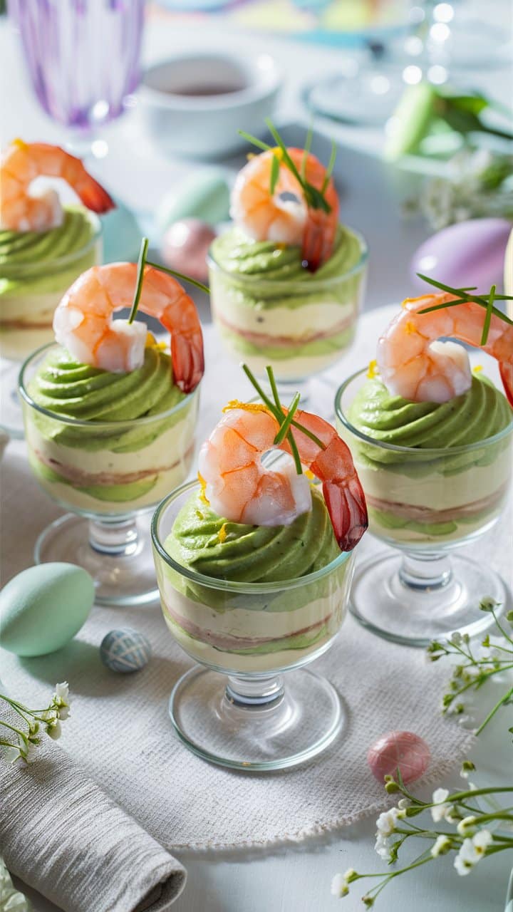 Verrines d'avocat et crevettes décorées.