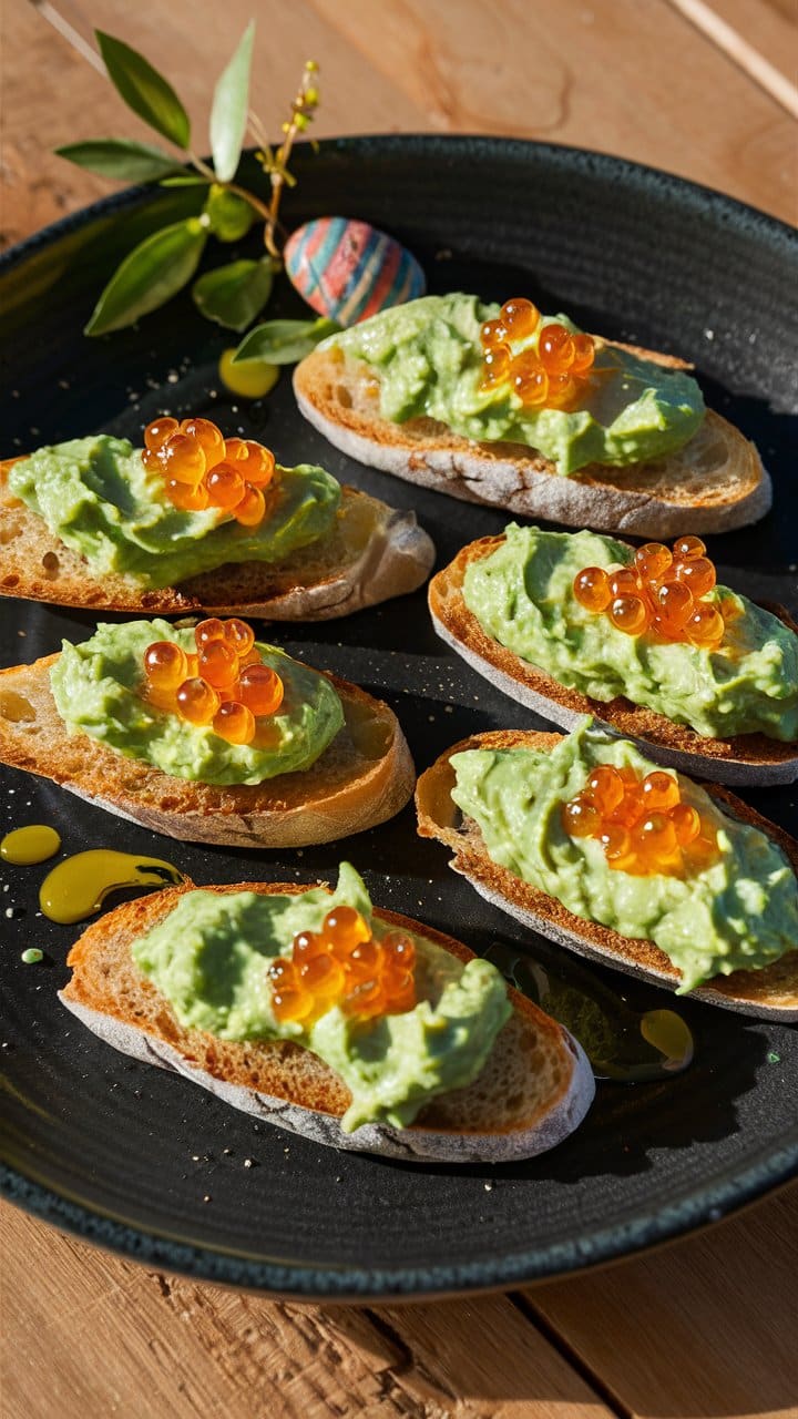 Tartines avocat et œufs, décorées sur plateau noir.
