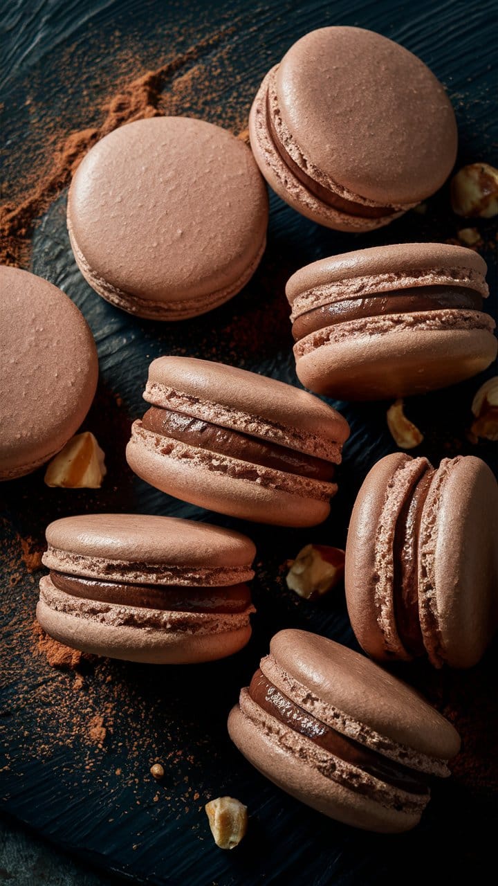 Macarons chocolat sur planche foncée.
