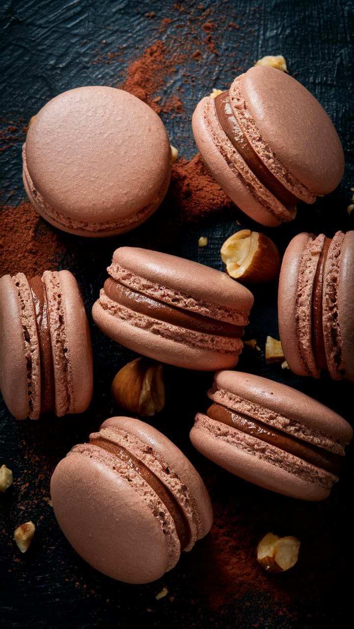 Macarons au chocolat avec éclats de noisettes.