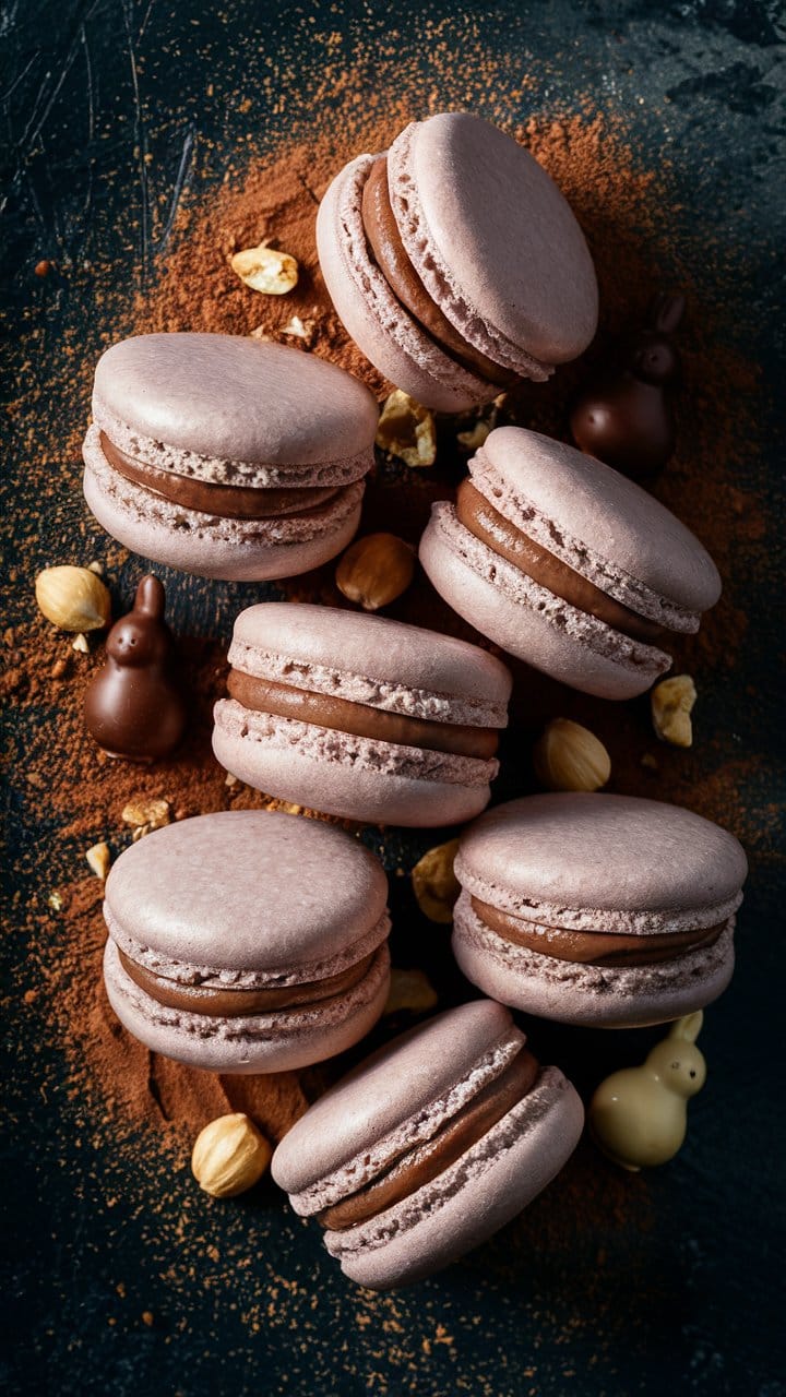 Macarons au chocolat avec noisettes et cacao.
