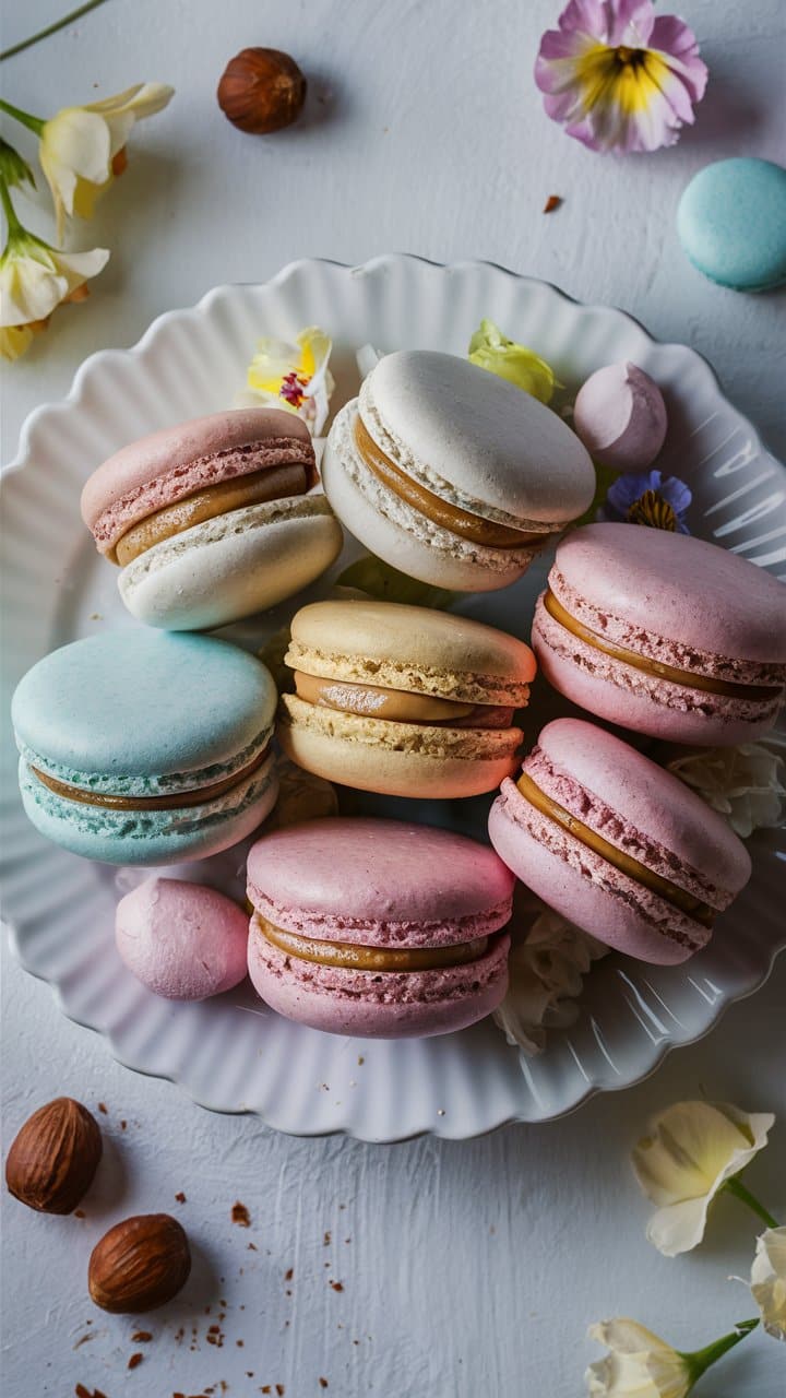 Assortiment de macarons colorés sur une assiette.