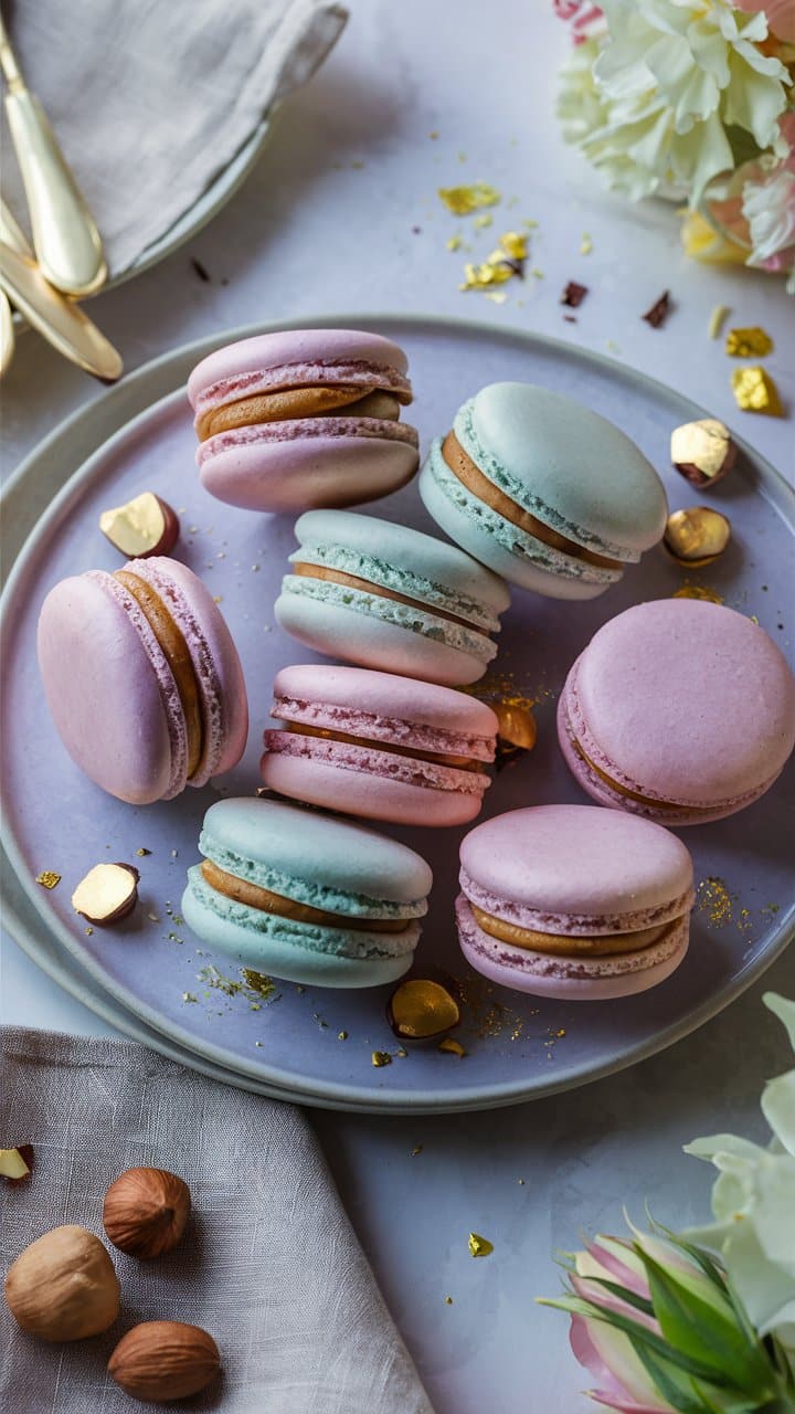 Assortiment de macarons colorés sur une assiette.