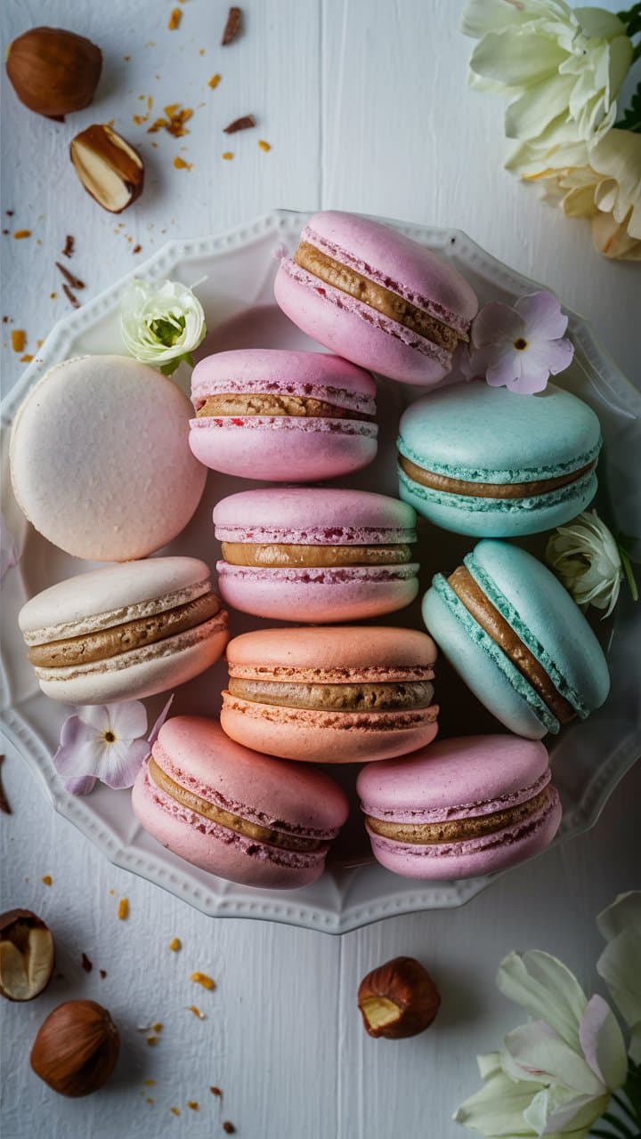 Assortiment de macarons colorés sur une assiette.