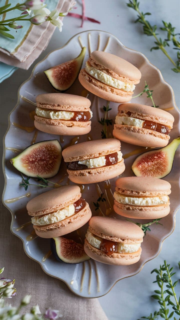 Macarons figues et crème sur assiette.