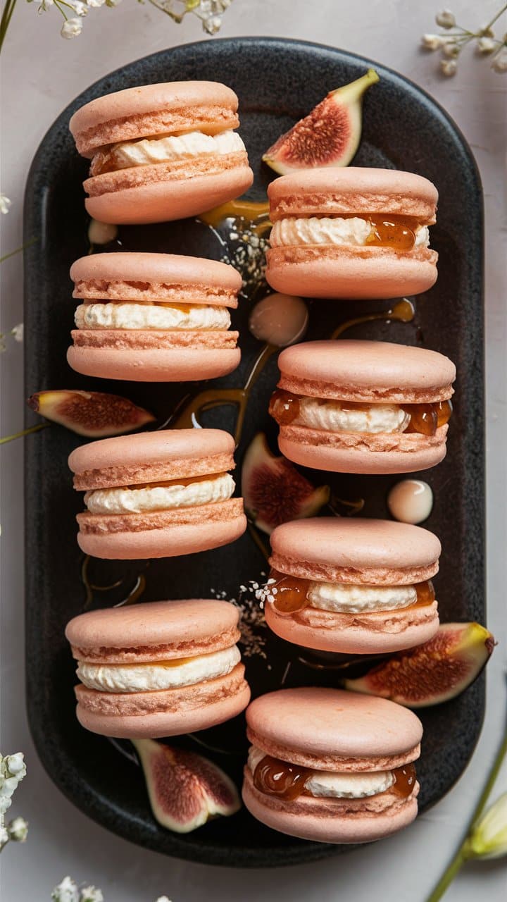 Macarons roses avec crème sur plateau et figues.