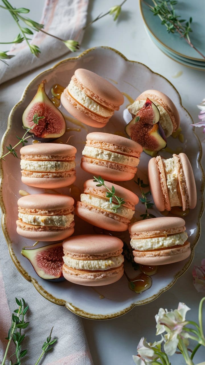 Macarons avec figues sur une assiette décorative.