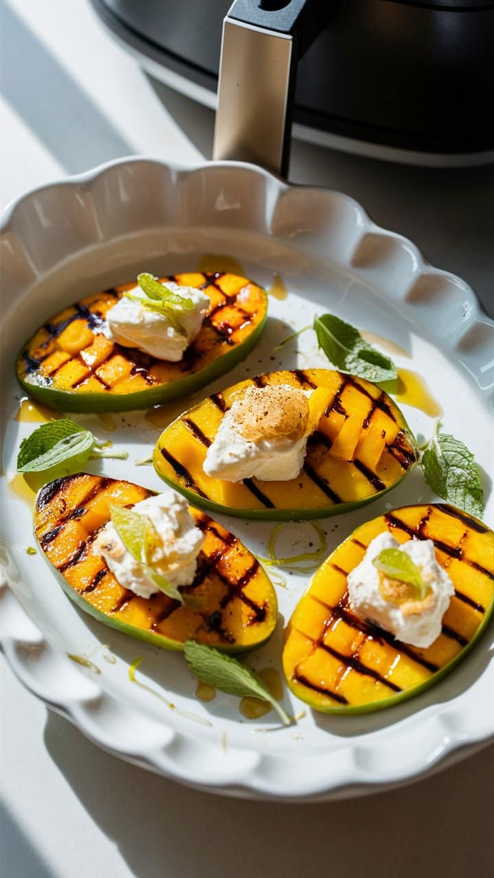 Tranches de mangue grillées avec crème et menthe.