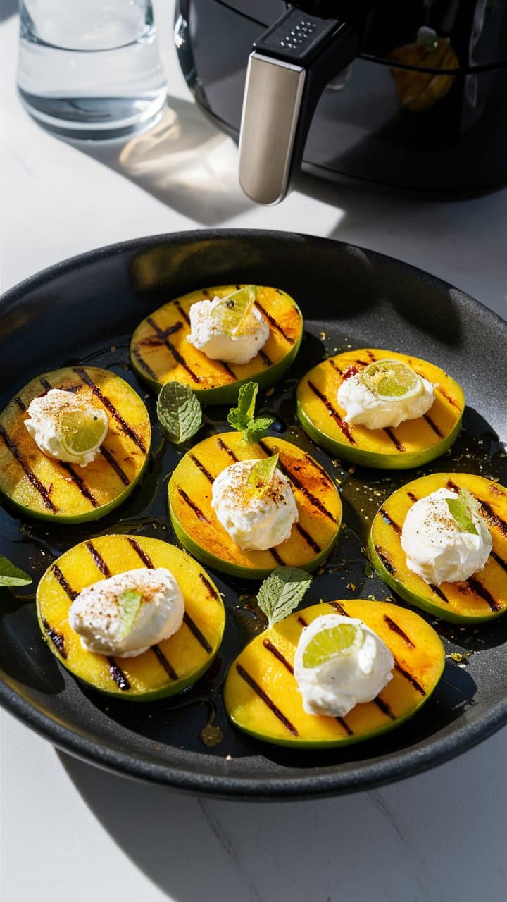 Tranches de mangue grillées avec crème et menthe.
