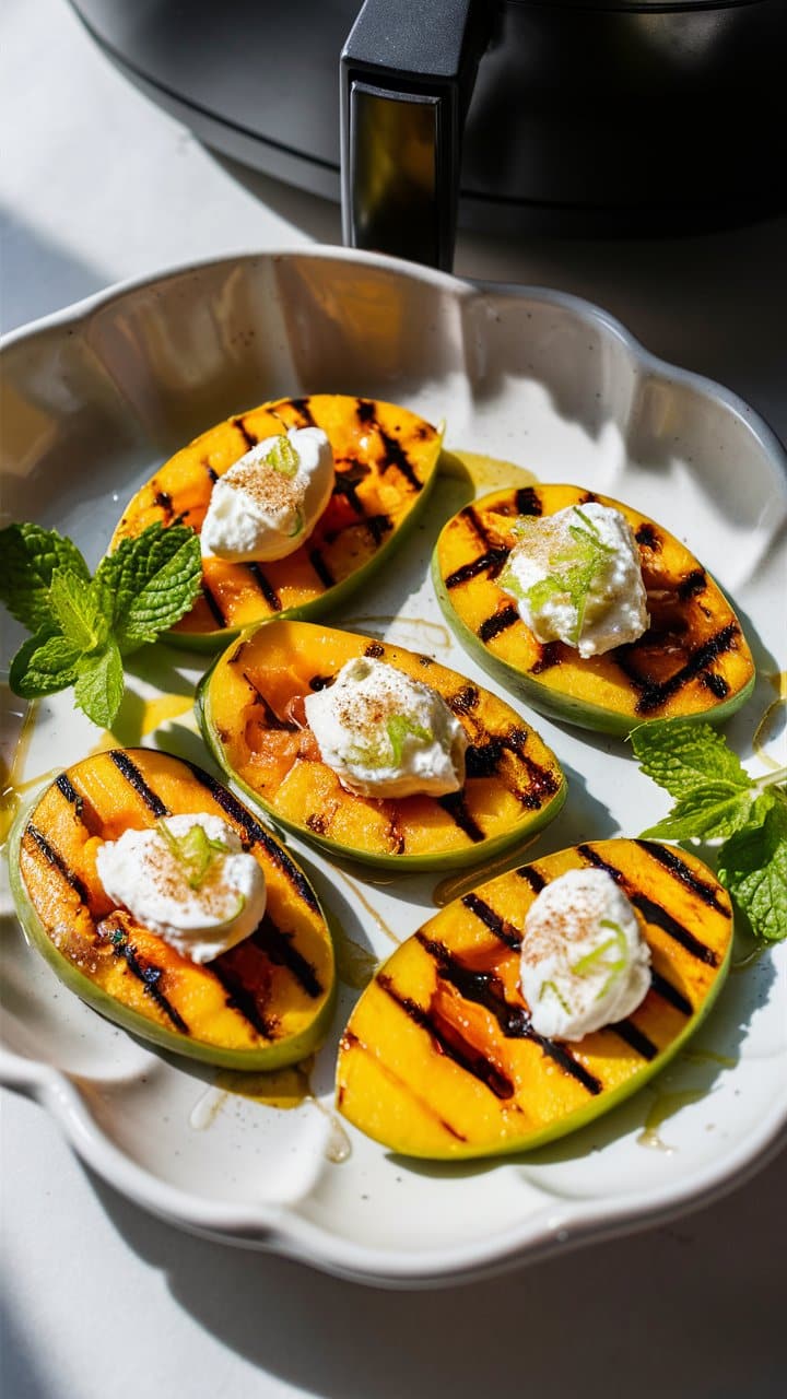 Tranches de mangue grillées avec crème et menthe
