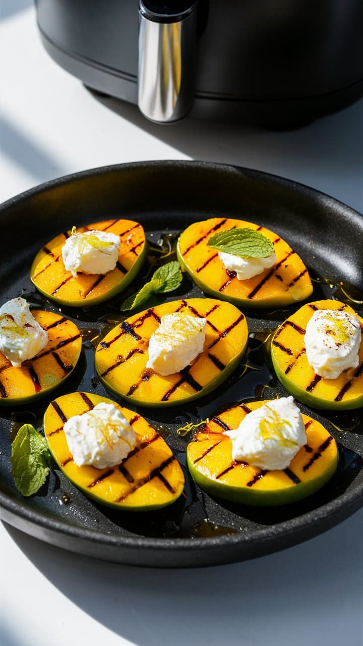Mangos grillés avec crème et menthe.