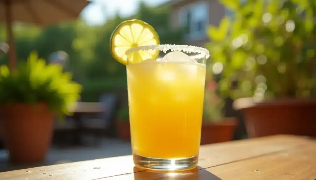 Cocktail au citron vert en terrasse ensoleillée.