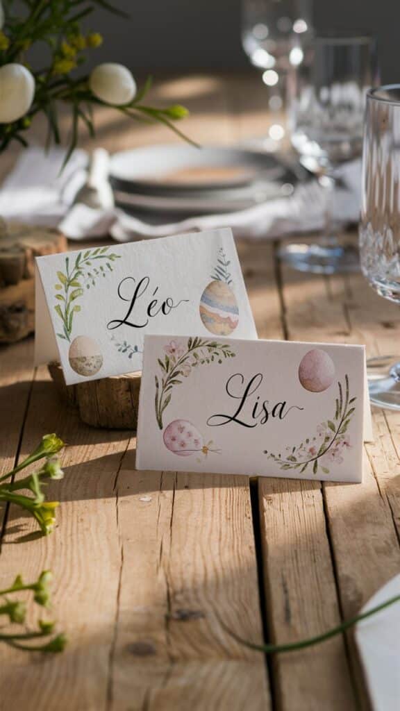 Cartes de place avec motifs de Pâques sur table.