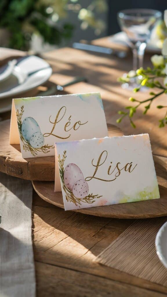 Cartes de table Léo et Lisa décorées.